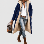 Women’s Long Reversible Puffer Coat with Sherpa Lining and Hood – Navy Blue – image 5
