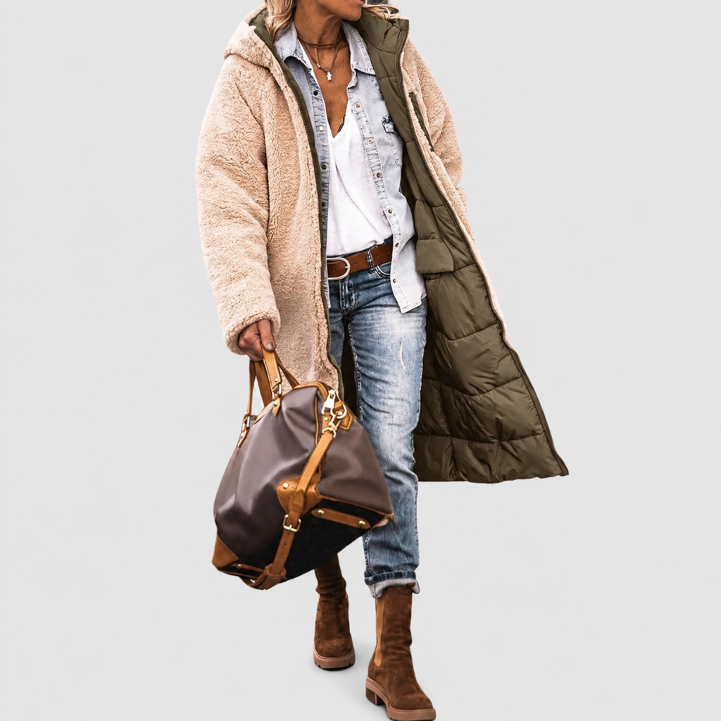 Women’s Long Reversible Puffer Coat with Sherpa Lining and Hood – image 11