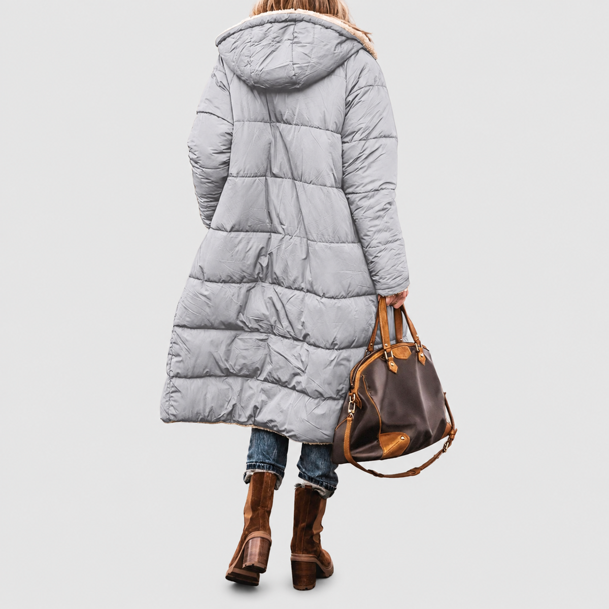 Women’s Long Reversible Puffer Coat with Sherpa Lining and Hood – image 13