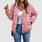 Women’s Cosy Ribbed Puffer Jacket with Stand Collar and Side Pockets – Pink – image 1