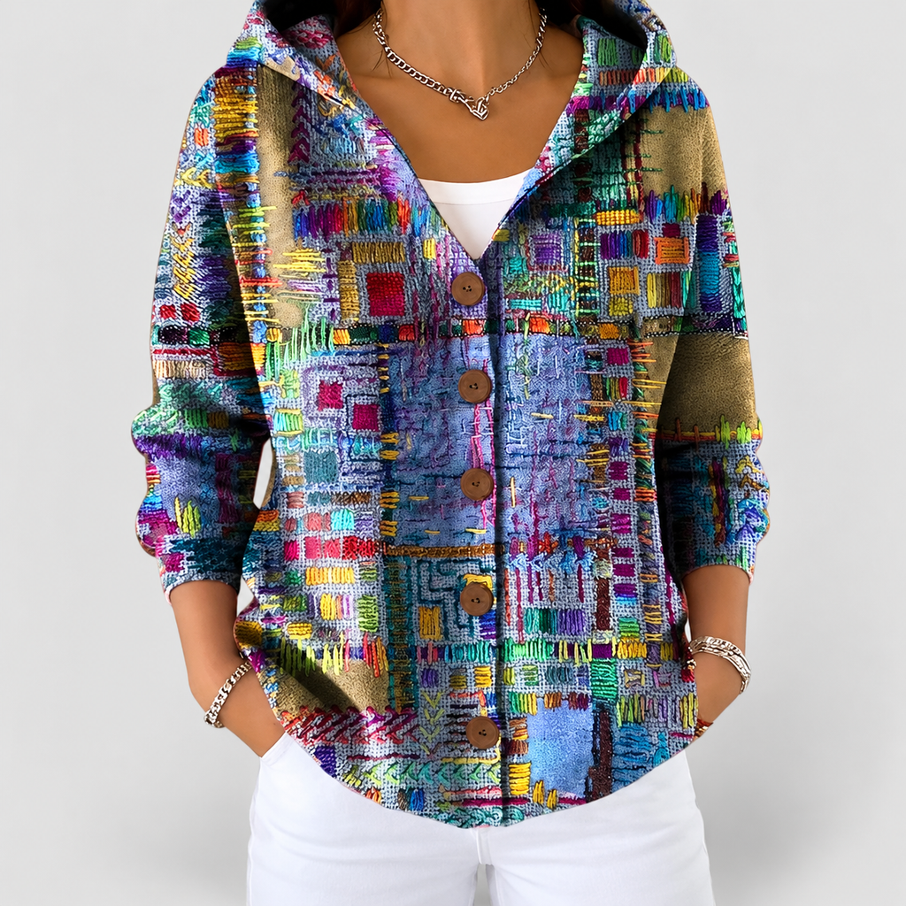 Women's Printed Button-Front Hooded Cardigan in Purple — view 1