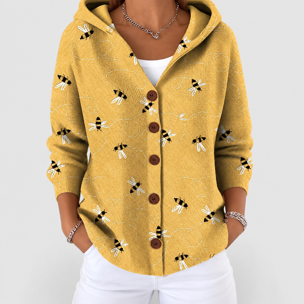 Women's Printed Button-Front Hooded Cardigan in Yellow — view 2