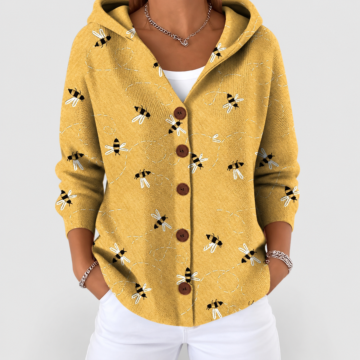 Women's Printed Button-Front Hooded Cardigan in Yellow — view 2