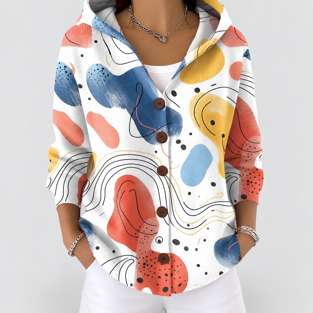 Women's Printed Button-Front Hooded Cardigan in Beige — view 3