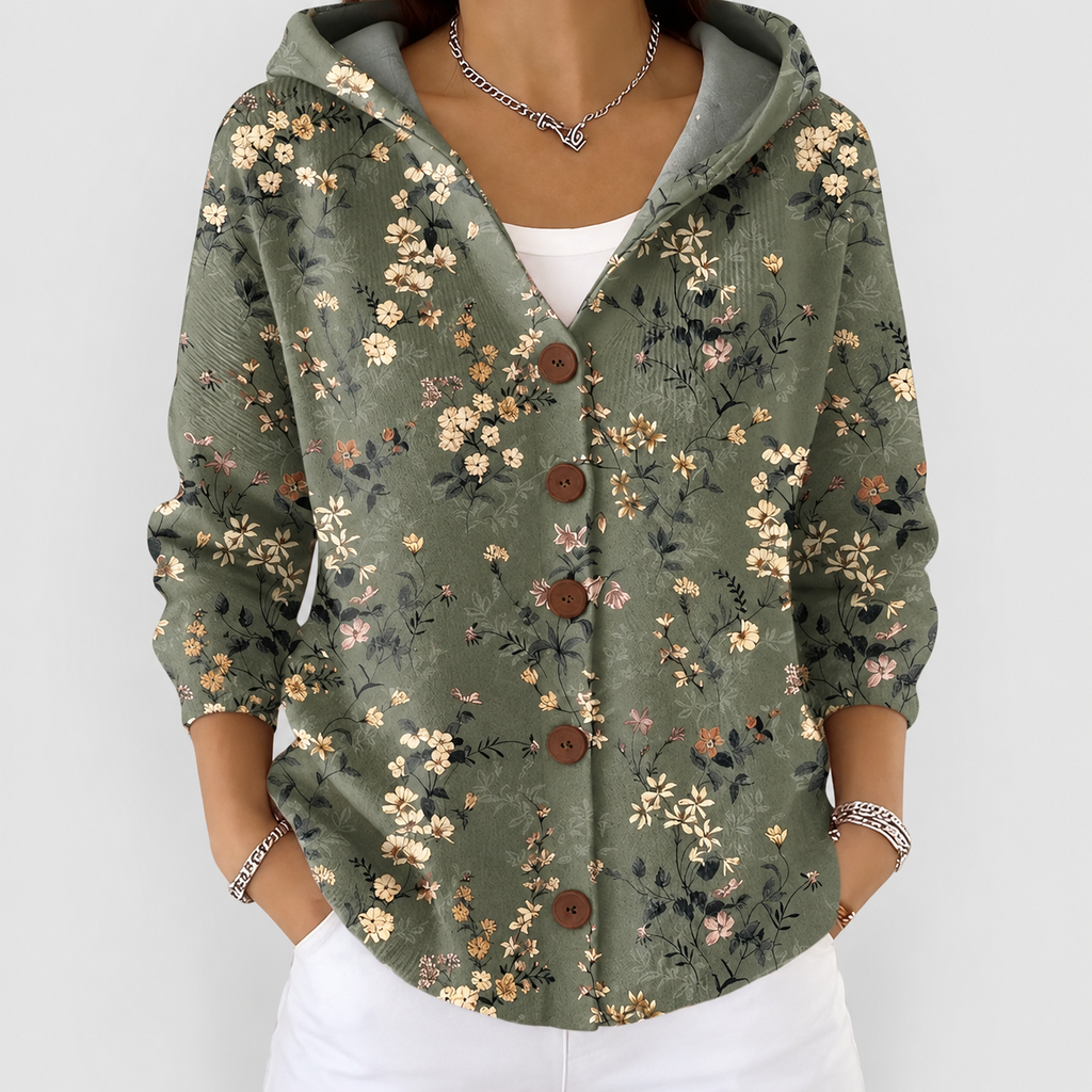 Women's Printed Button-Front Hooded Cardigan in Dark Green — view 4