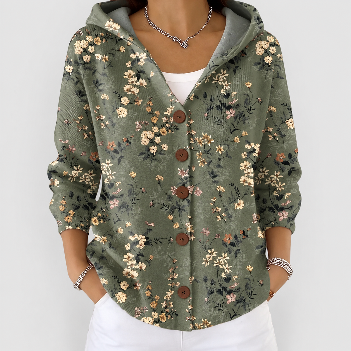 Women's Printed Button-Front Hooded Cardigan in Dark Green — view 4