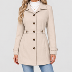 Women's Overcoat with Button Front and Fitted Waist in Beige — view 1