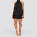 Women's Halter Mini Dress with Tiered Hem in Black — view 1