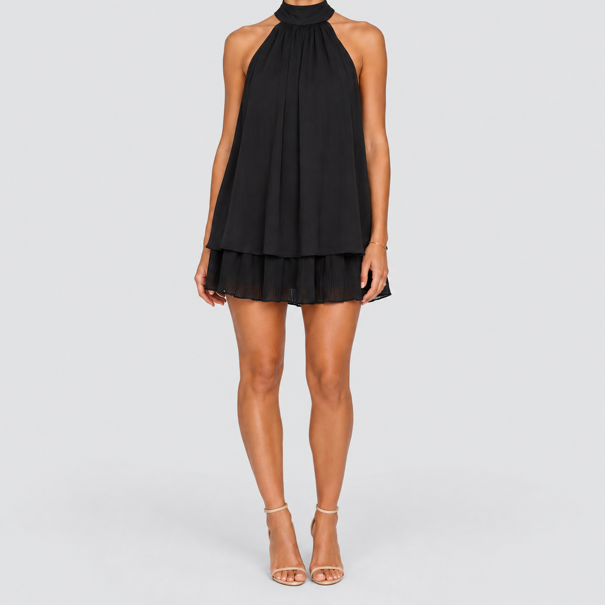 Women's Halter Mini Dress with Tiered Hem in Black — view 1