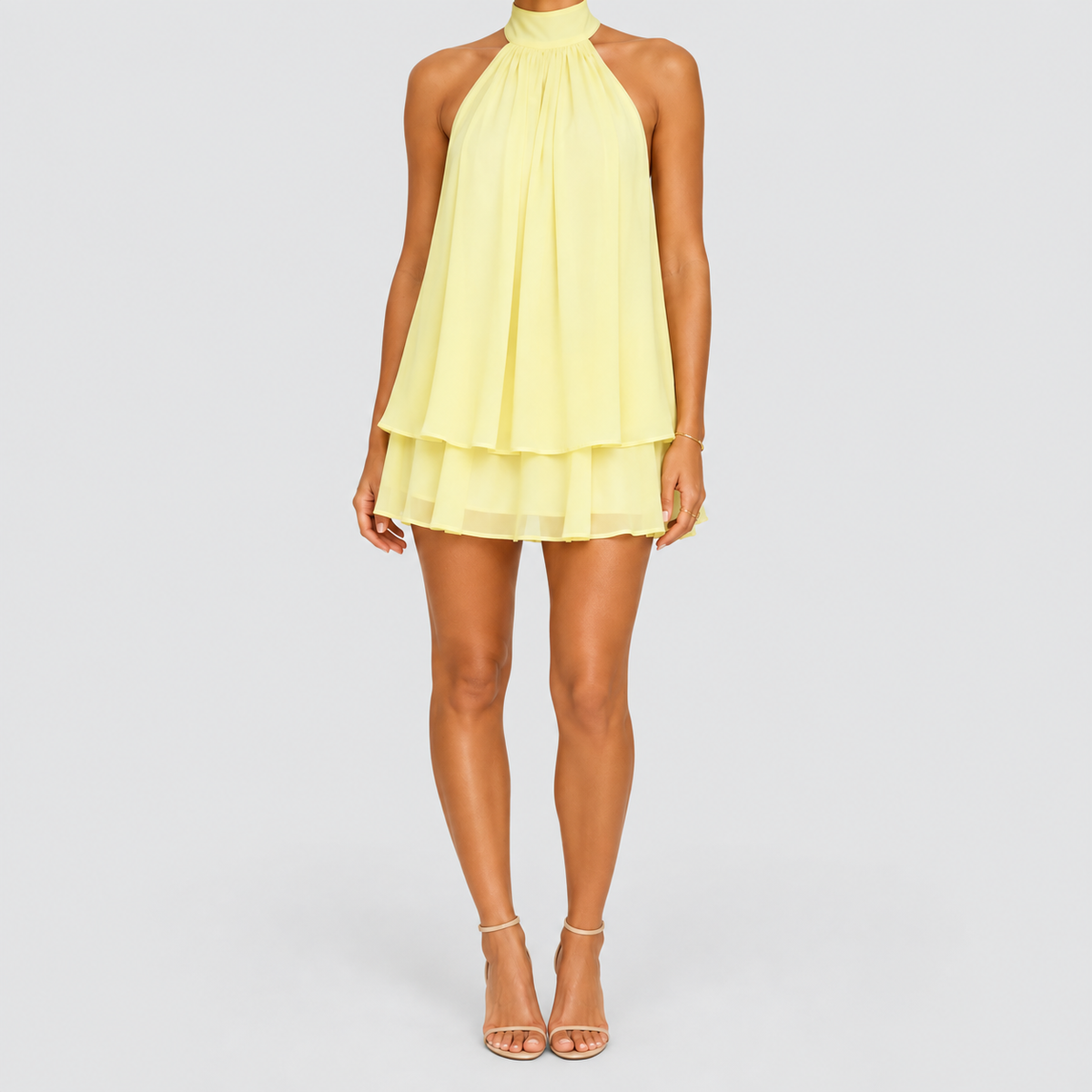 Women's Halter Mini Dress with Tiered Hem in Yellow — view 3
