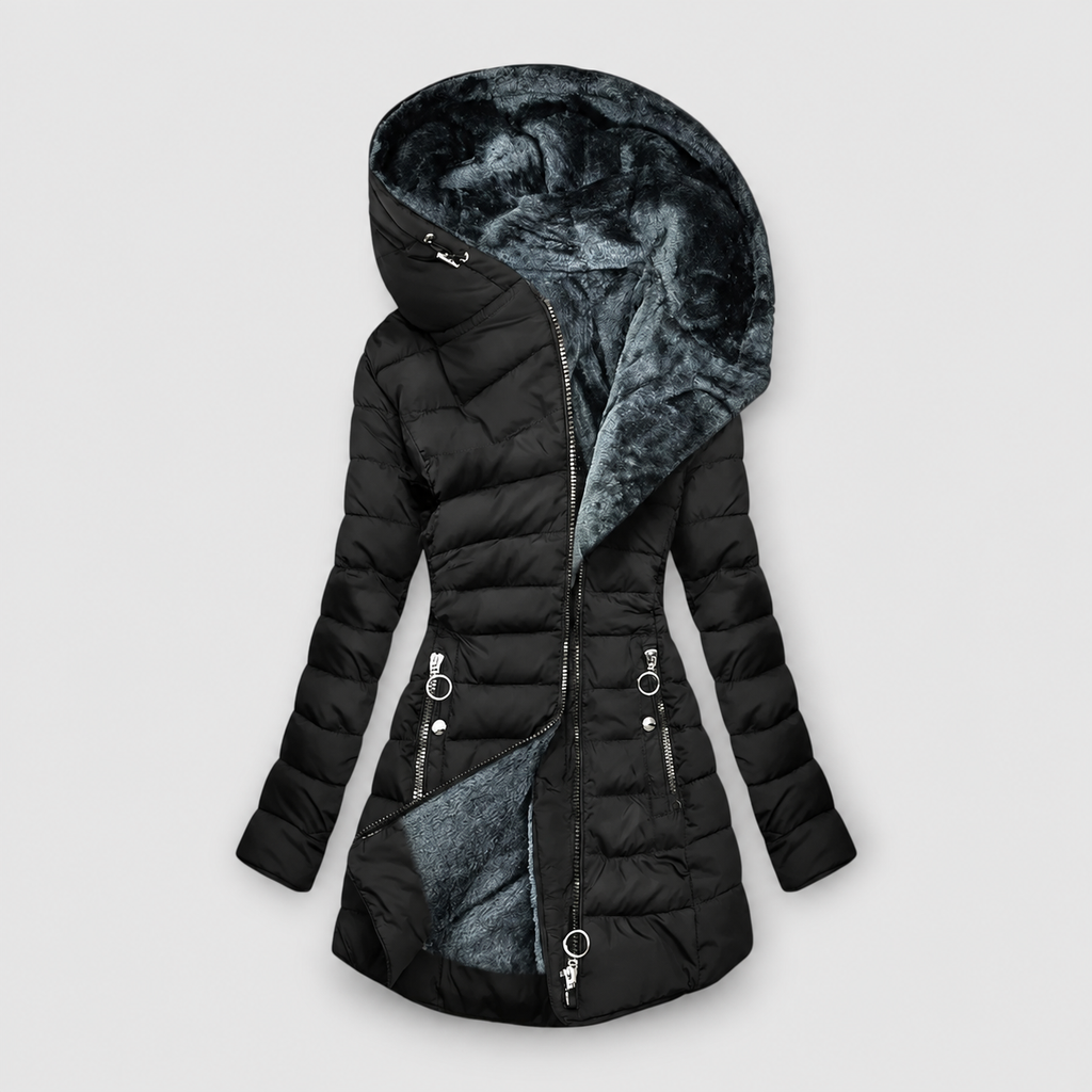 Women's Quilted Zip-Up Hooded Puffer Coat with Faux Fur Lining in Black — view 2