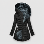 Women's Quilted Zip-Up Hooded Puffer Coat with Faux Fur Lining in Black — view 2
