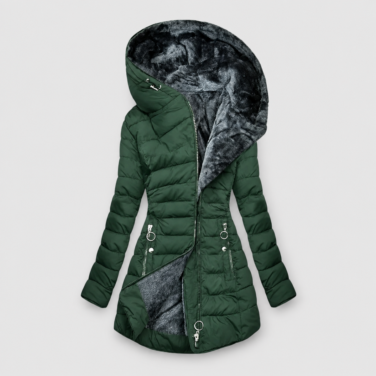 Women's Quilted Zip-Up Hooded Puffer Coat with Faux Fur Lining in Dark Green — view 3