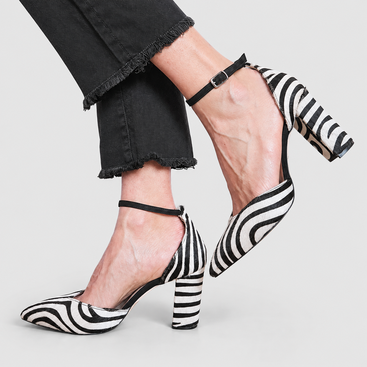 Women's Zebra Print Heels with Ankle Strap and Block Heel in Zebra — view 1