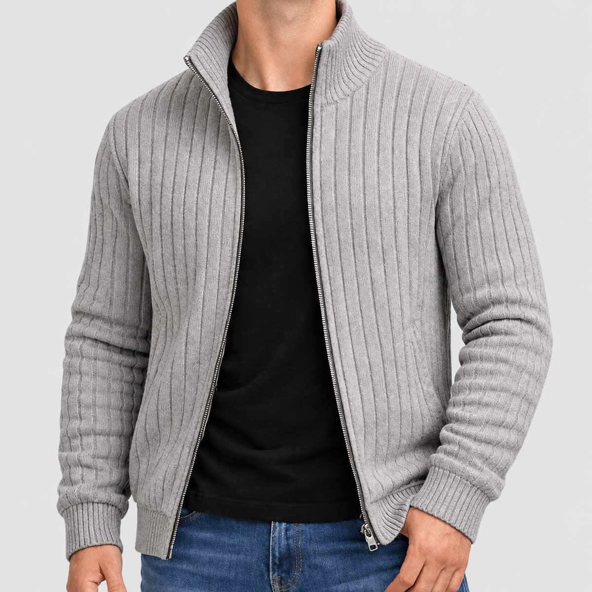 Men's Ribbed Knit Full-Zip Cardigan in Light Grey — view 2
