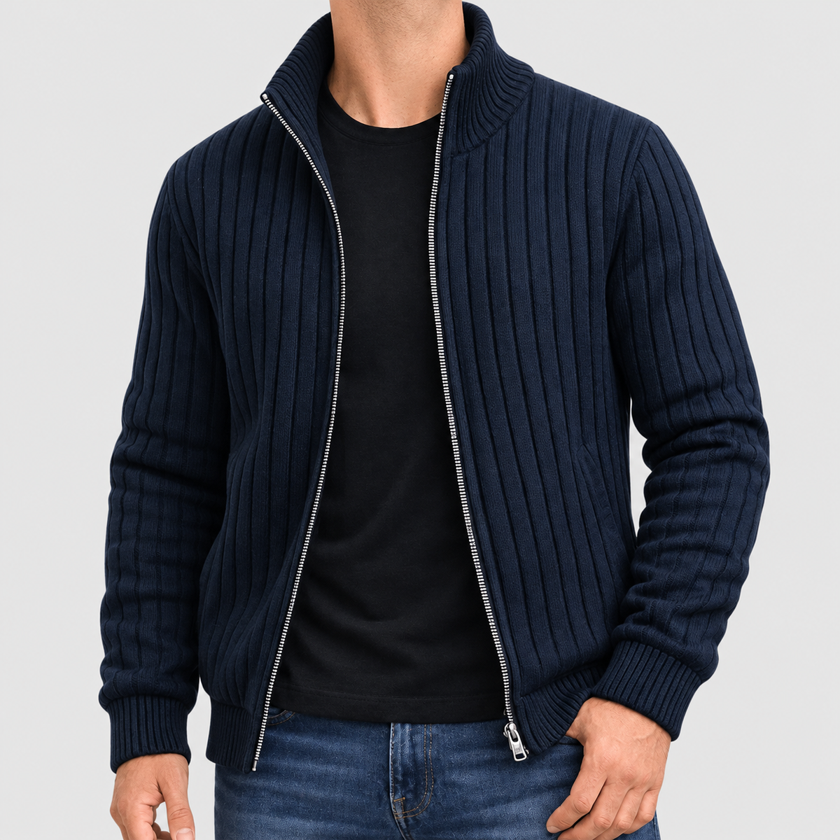 Men's Ribbed Knit Full-Zip Cardigan in Navy Blue — view 3