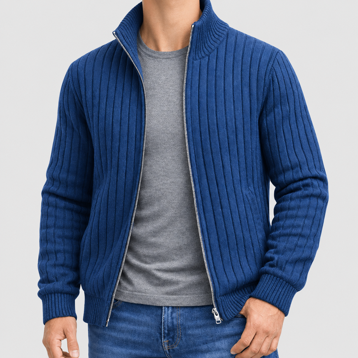 Men's Ribbed Knit Full-Zip Cardigan in Blue — view 5