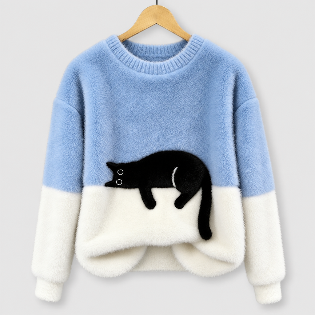 Women's Black Cat Print Oversized Fuzzy Knit Jumper — view 1