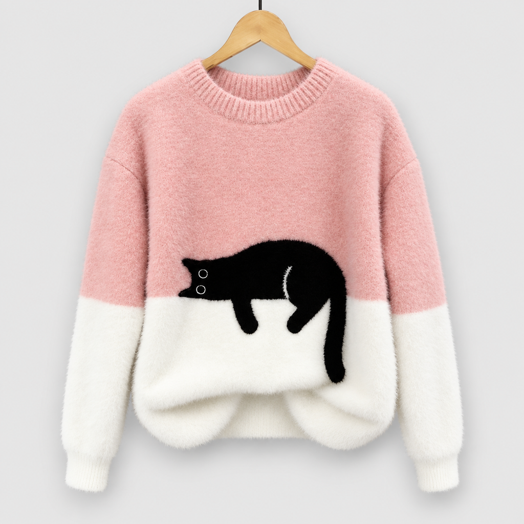Women's Black Cat Print Oversized Fuzzy Knit Jumper — view 2