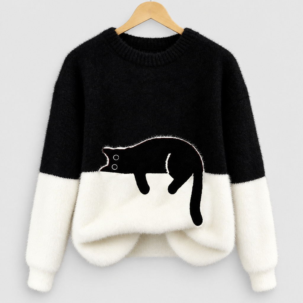 Women's Black Cat Print Oversized Fuzzy Knit Jumper — view 5