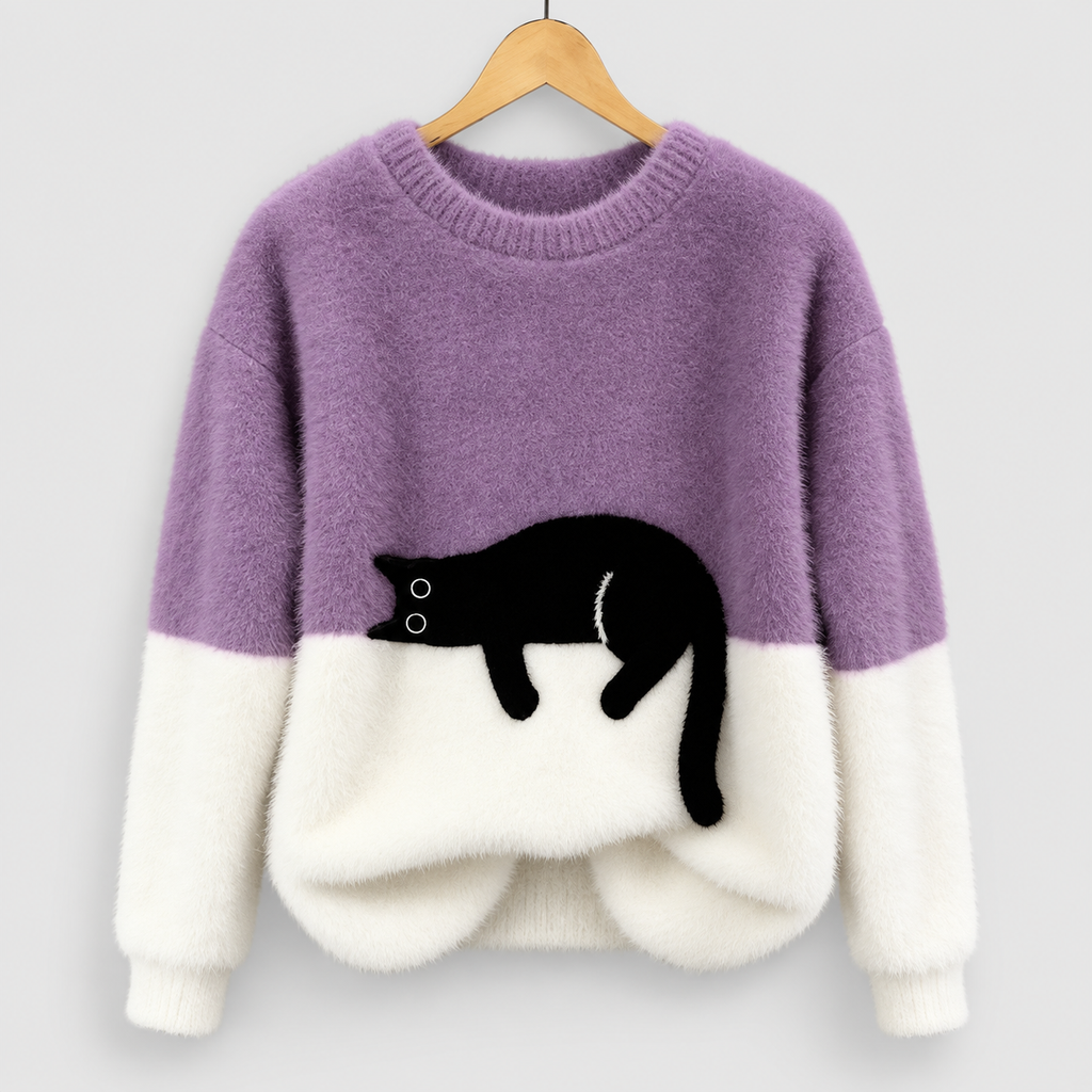 Women's Black Cat Print Oversized Fuzzy Knit Jumper — view 10