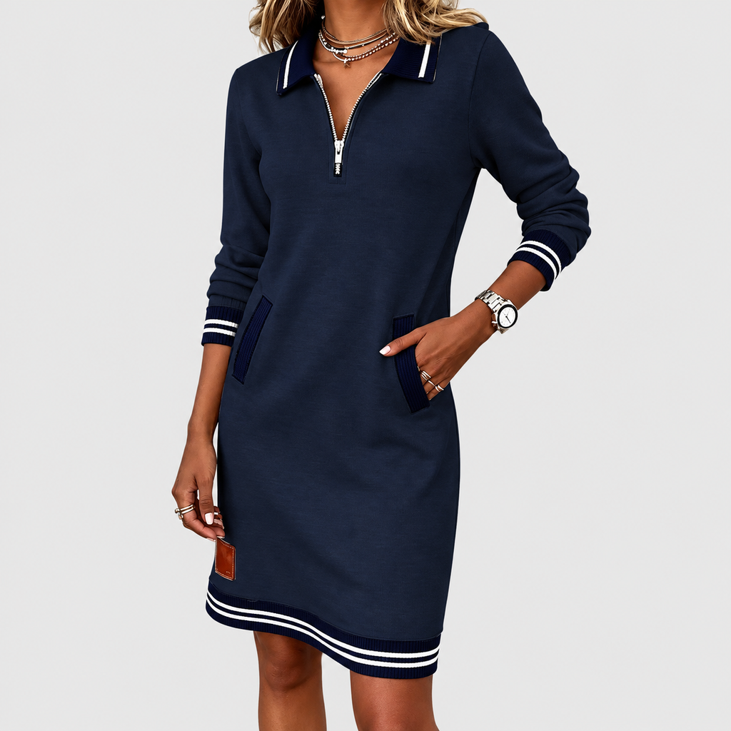 Women's Collared Knit Dress with Zip Front and Striped Trim — view 1