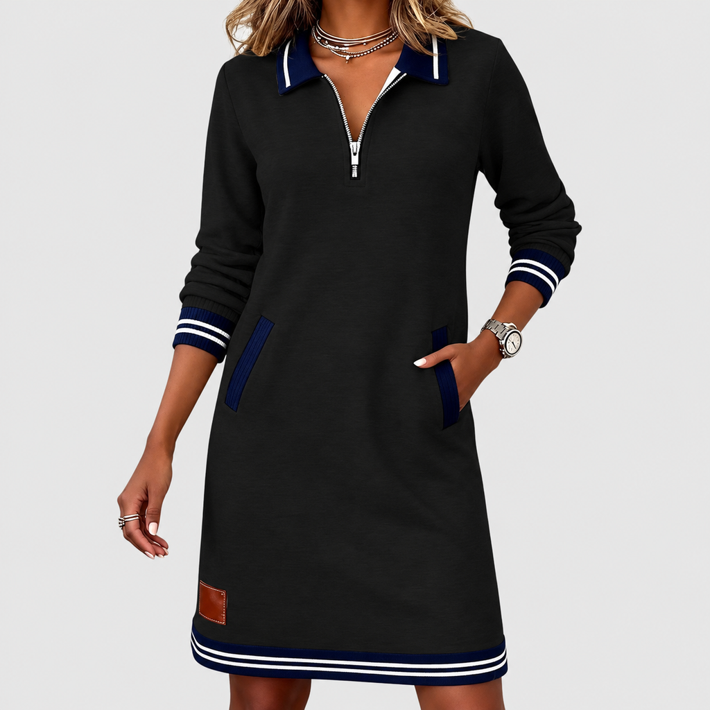 Women's Collared Knit Dress with Zip Front and Striped Trim — view 7