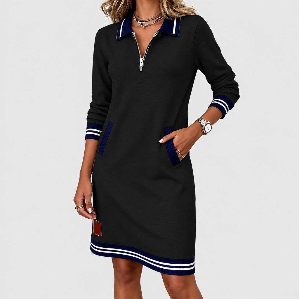 Women's Collared Knit Dress with Zip Front and Striped Trim — view 8