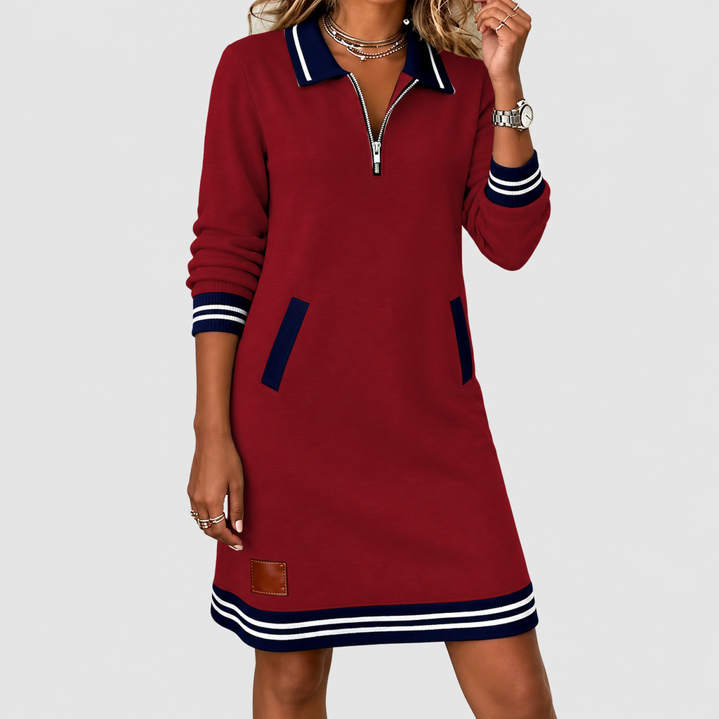 Women's Collared Knit Dress with Zip Front and Striped Trim — view 9