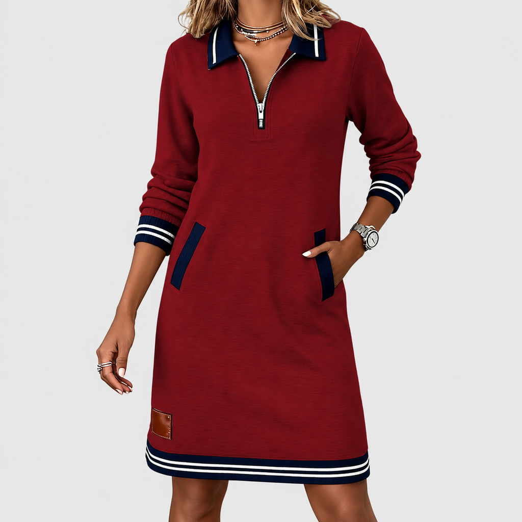 Women's Collared Knit Dress with Zip Front and Striped Trim — view 10