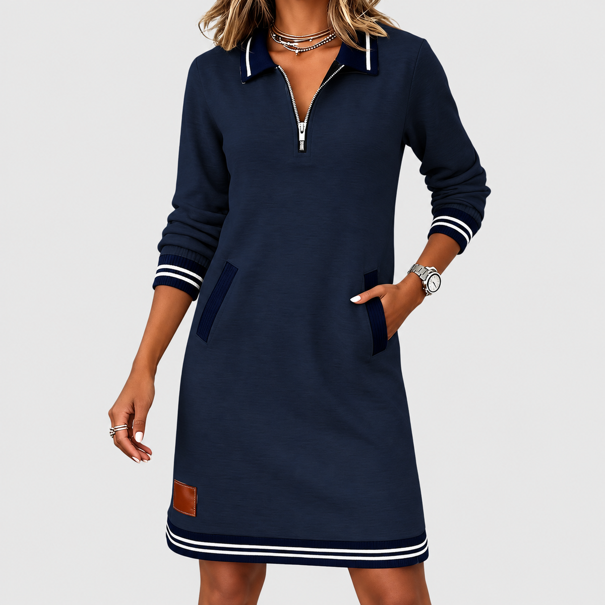Women's Collared Knit Dress with Zip Front and Striped Trim — view 11