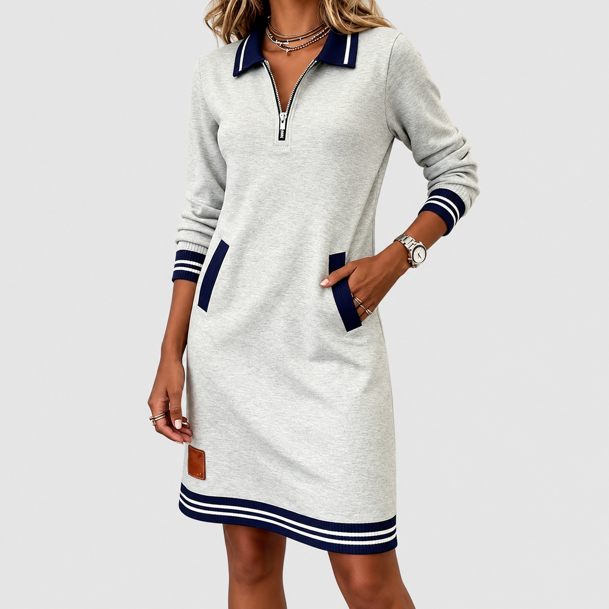 Women's Collared Knit Dress with Zip Front and Striped Trim — view 12