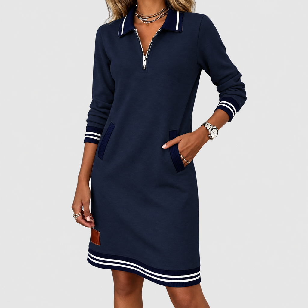 Women's Collared Knit Dress with Zip Front and Striped Trim — view 14