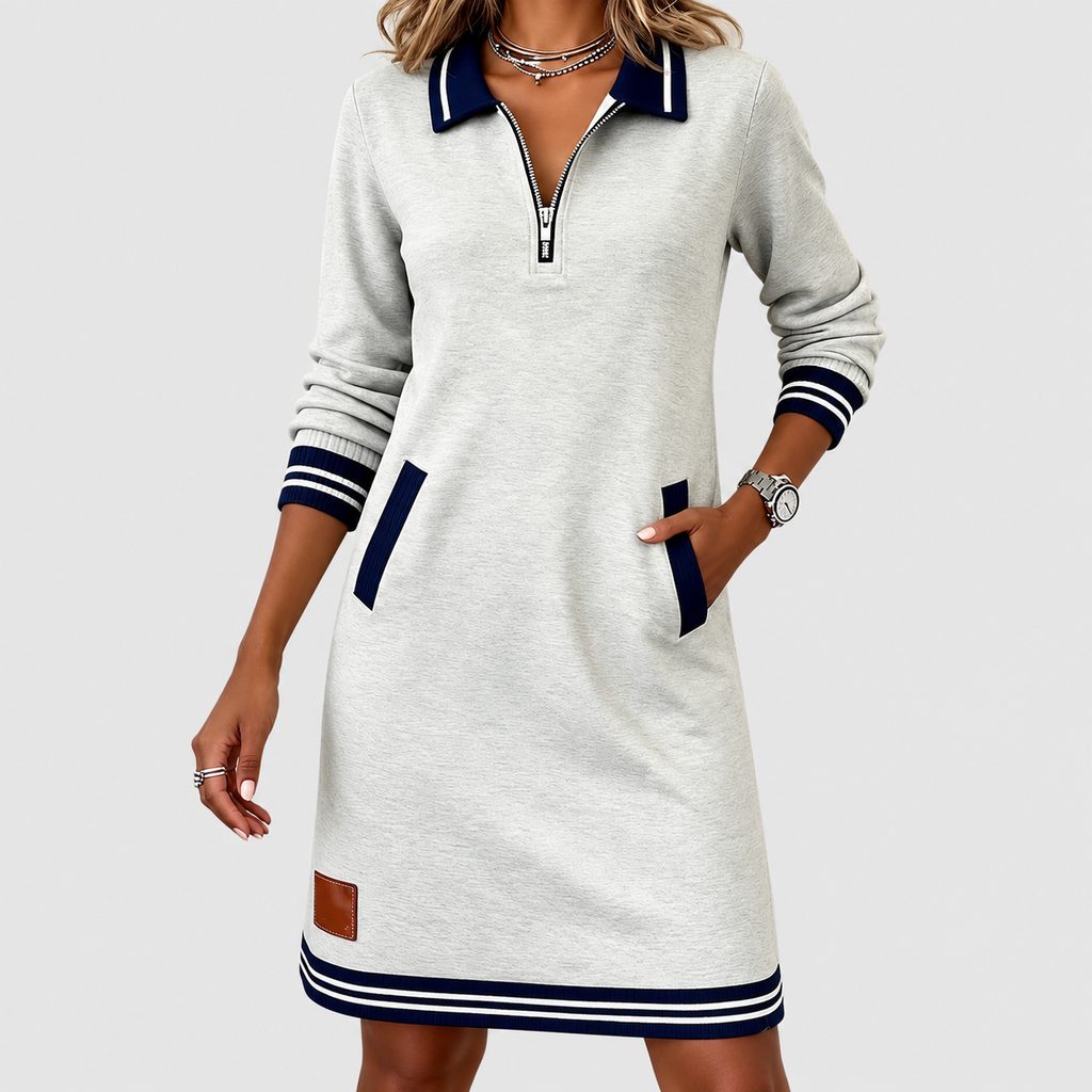 Women's Collared Knit Dress with Zip Front and Striped Trim in Grey — view 16