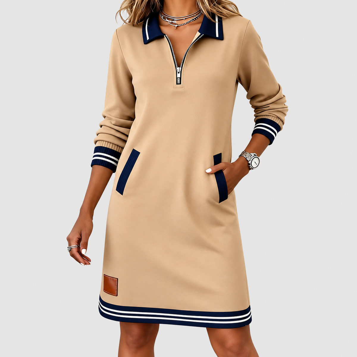 Women's Collared Knit Dress with Zip Front and Striped Trim in Beige — view 18