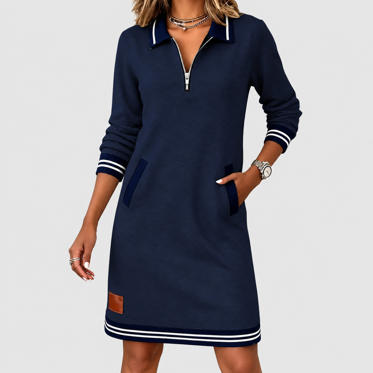 Women's Collared Knit Dress with Zip Front and Striped Trim in Navy Blue — view 19