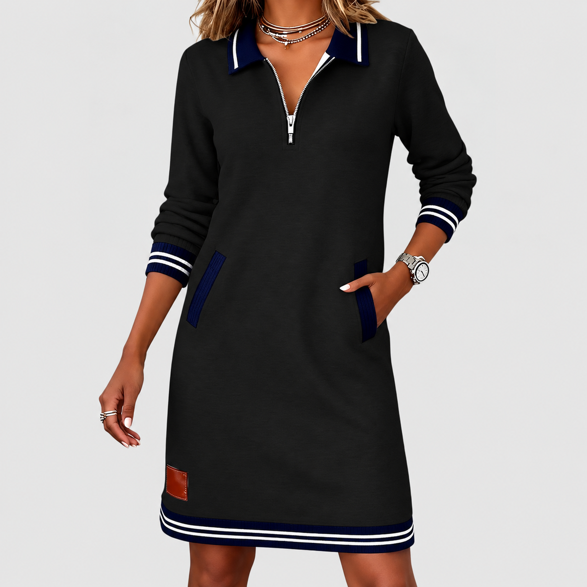 Women's Collared Knit Dress with Zip Front and Striped Trim in Black — view 20