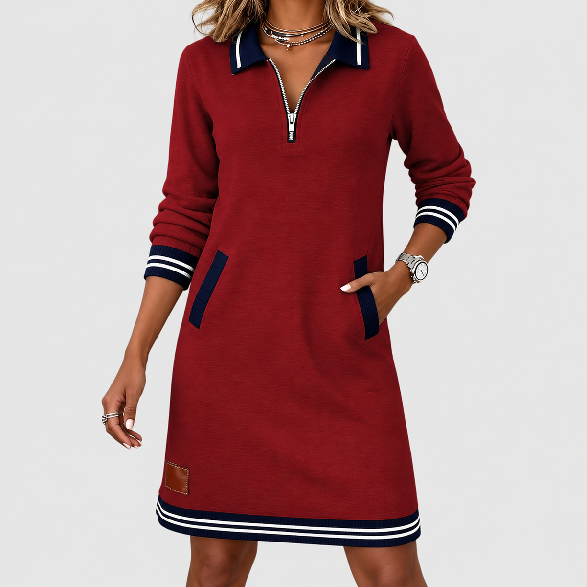 Women's Collared Knit Dress with Zip Front and Striped Trim in Red — view 21