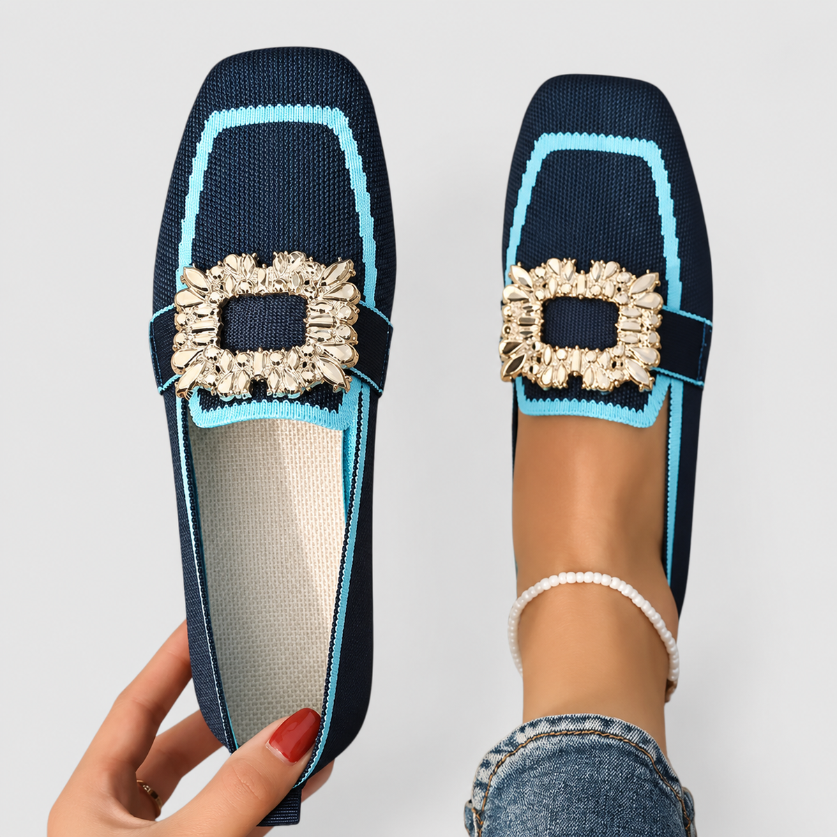 Women's Square-Toe Loafers with Embellished Buckle in Blue — view 1