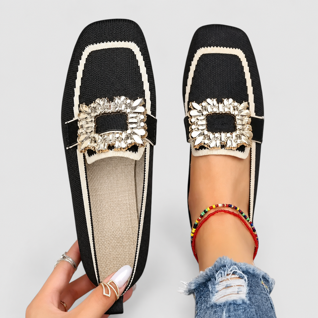 Women's Square-Toe Loafers with Embellished Buckle in Black — view 3