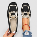 Women's Square-Toe Loafers with Embellished Buckle in Black — view 3