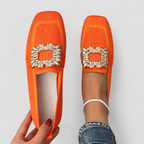 Women's Square-Toe Loafers with Embellished Buckle in Orange — view 4