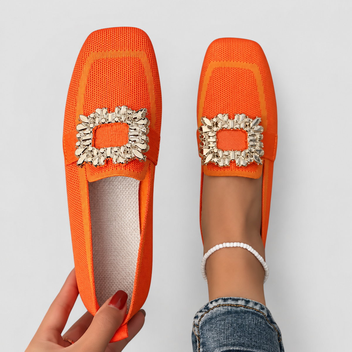 Women's Square-Toe Loafers with Embellished Buckle in Orange — view 4