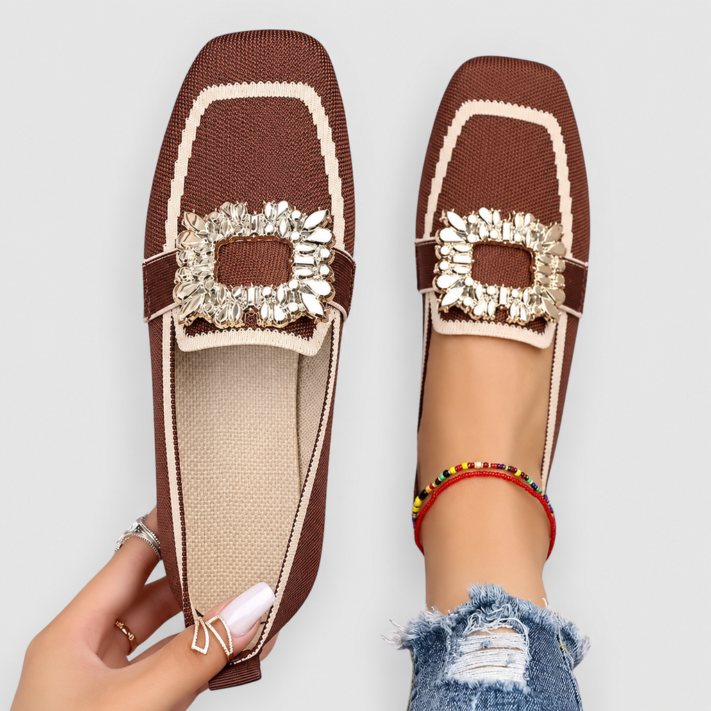 Women's Square-Toe Loafers with Embellished Buckle in Brown — view 5