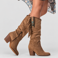 Women's Slouch Cowboy Boots with Fringe Detail in Brown — view 1