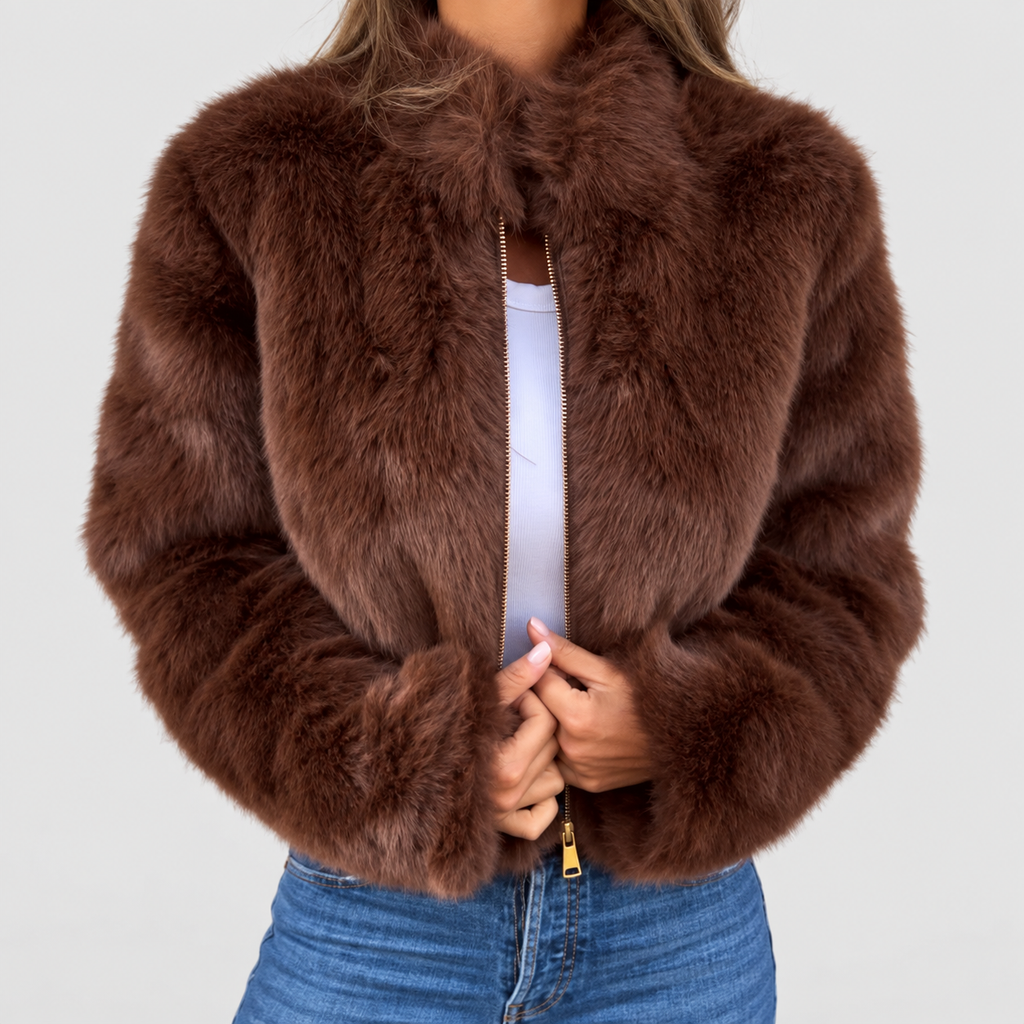 Women's Luxe Zip Up Short Coat in Brown — view 4