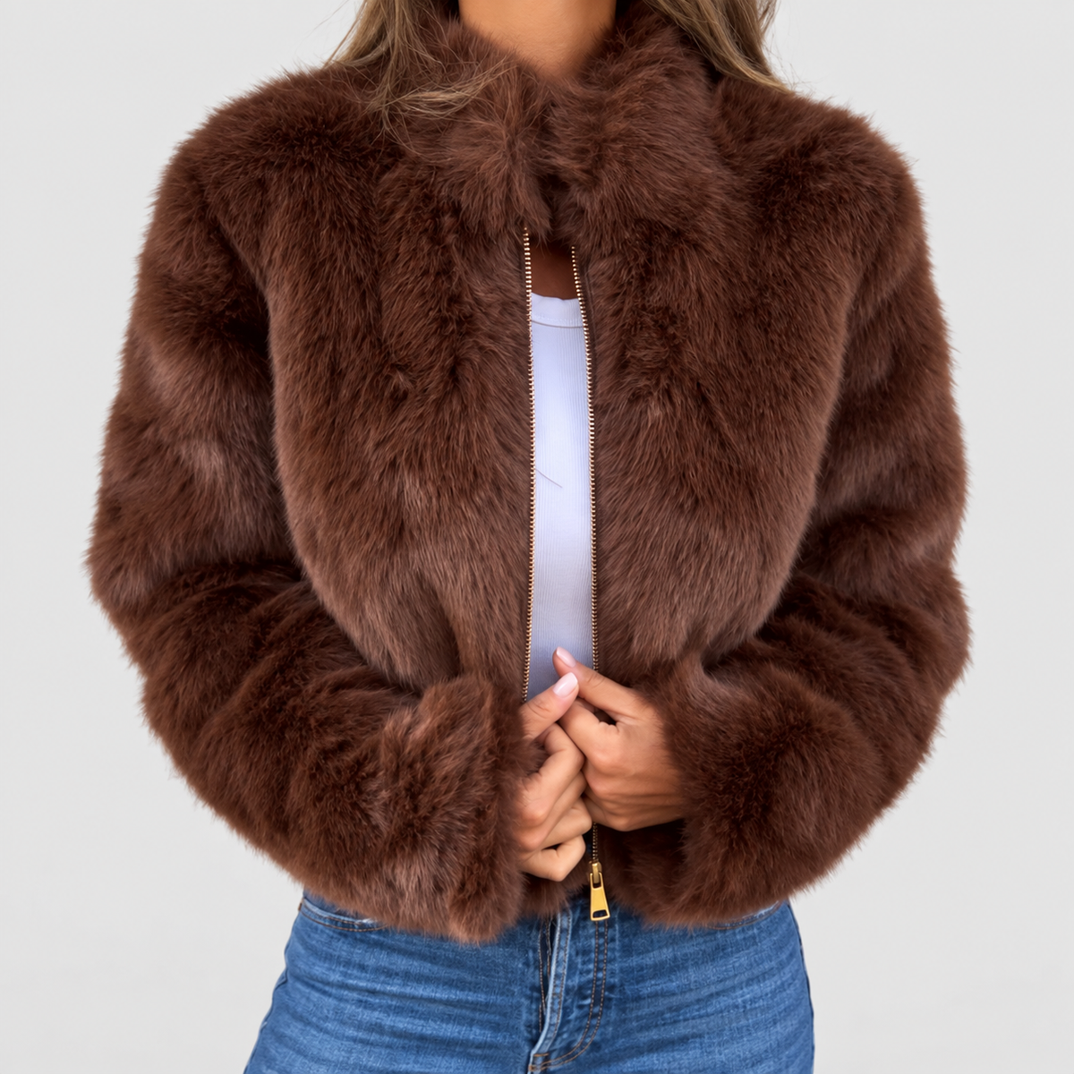 Women's Luxe Zip Up Short Coat in Brown — view 4