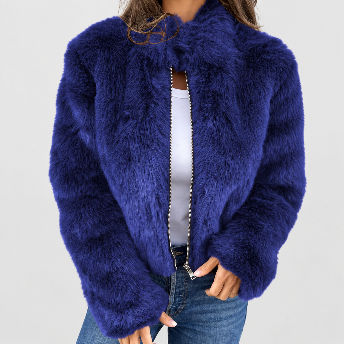 Women's Luxe Zip Up Short Coat in Blue — view 8