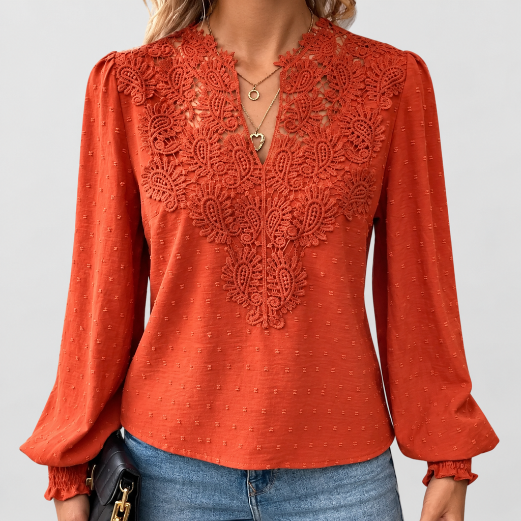 Women's Lace Detail Blouse with Long Sleeves and V-Neck in Terracotta — view 1