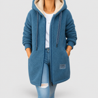 Women's Longline Wool-Effect Sherpa Hooded Jacket in Blue — view 1